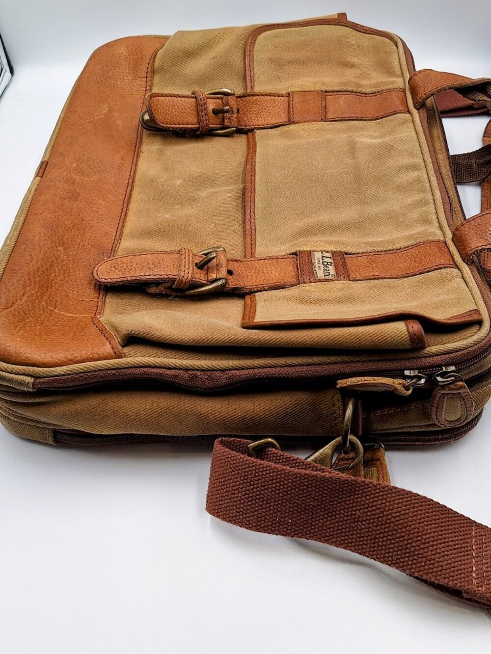 Vintage LL Bean Classic Brown Canvas Leather Briefcase Messenger Laptop Bag